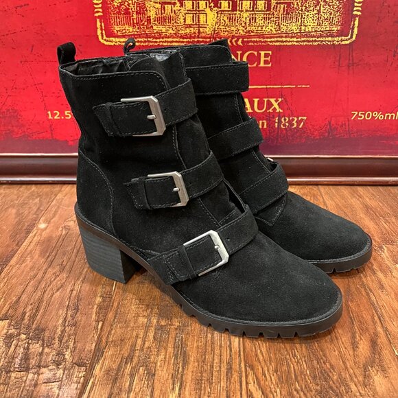 Crown Vintage Women 10 Asisa Buckle Side Zip Moto Style Leather Booties - Picture 1 of 15